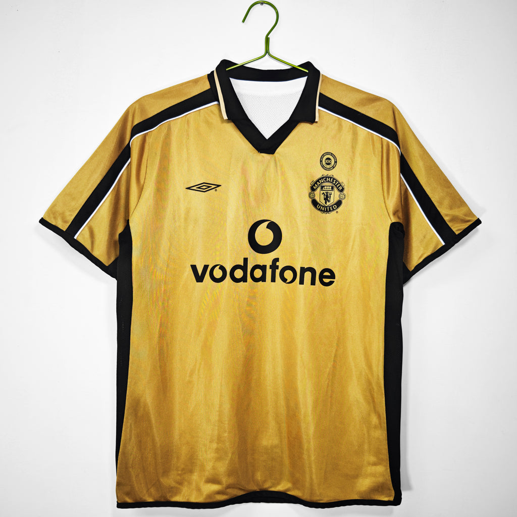 2001-02 Manchester United Centenary Retro Vintage Football Jersey - Umbro Vodafone Gold Edition