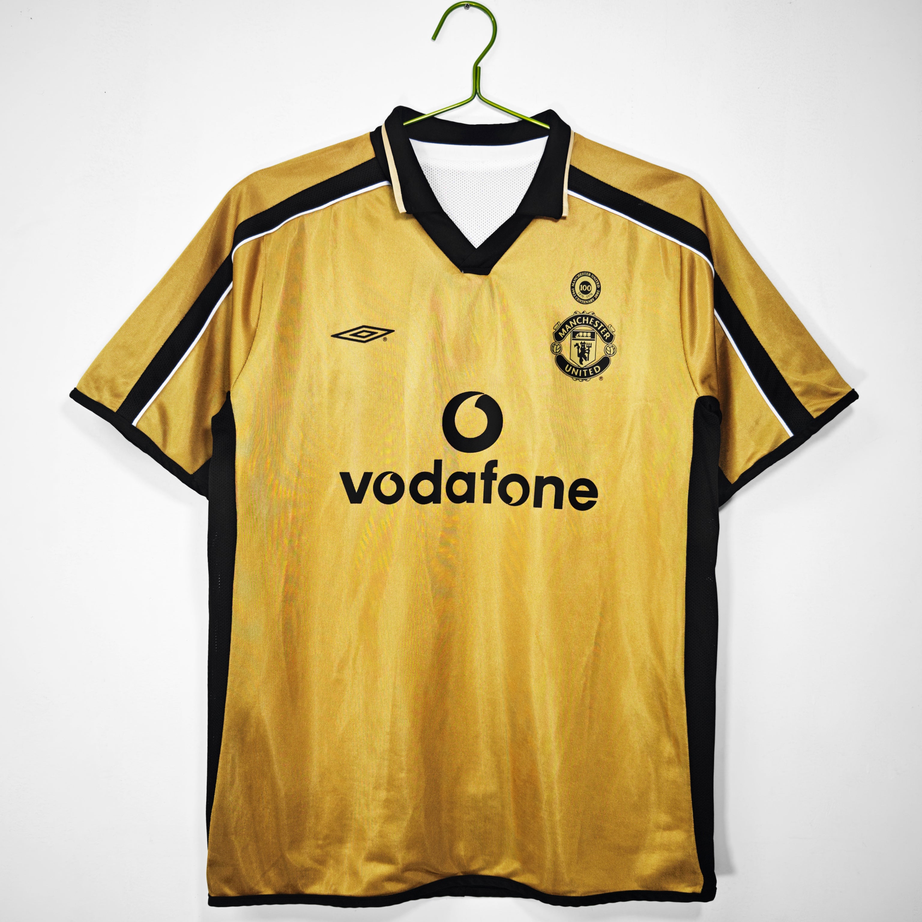 2001-02 Manchester United Centenary Retro Vintage Football Jersey - Umbro Vodafone Gold Edition