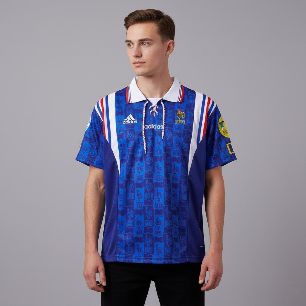 1994-96 France Home Retro Vintage Football Jersey - Adidas Lace-Up Collar Edition