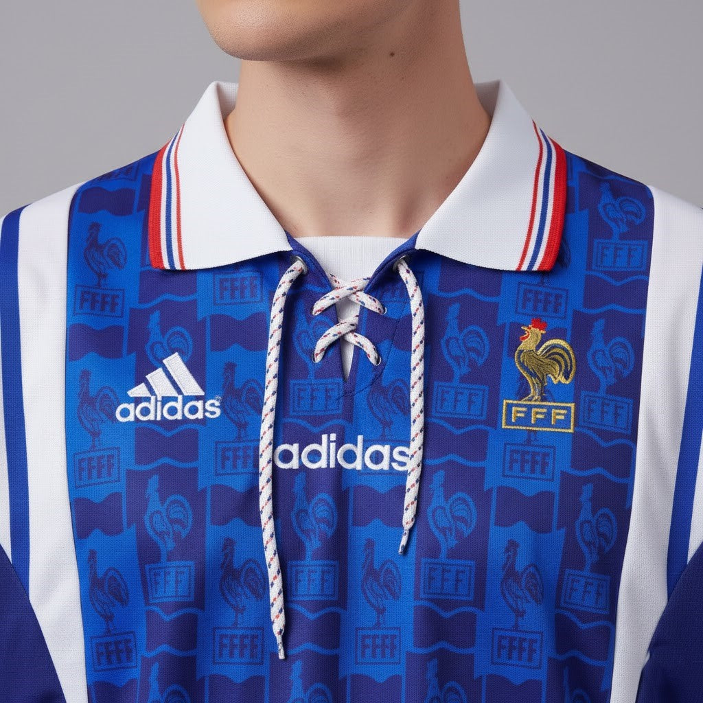 1994-96 France Home Retro Vintage Football Jersey - Adidas Lace-Up Collar Edition