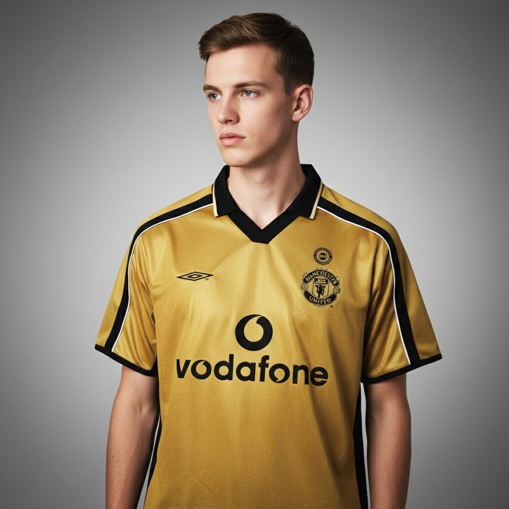 2001-02 Manchester United Centenary Retro Vintage Football Jersey - Umbro Vodafone Gold Edition