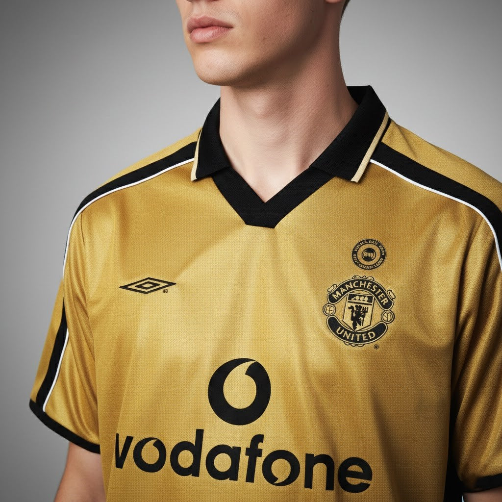 2001-02 Manchester United Centenary Retro Vintage Football Jersey - Umbro Vodafone Gold Edition